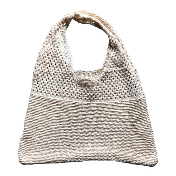 Set of 3 Knit Crochet Tote Bags Black Beige Cream Mesh Slouchy Hobo Reusable - Picture 9 of 11